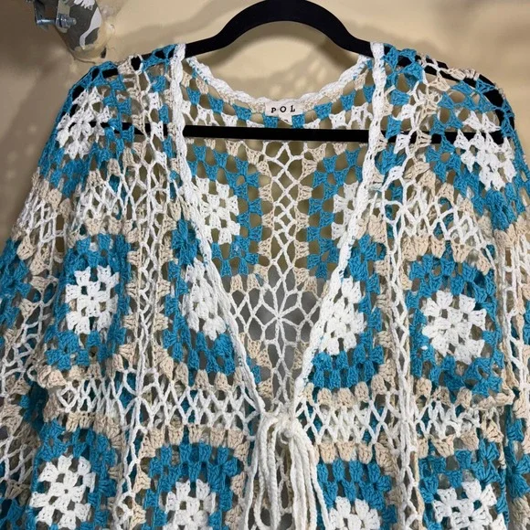 POL OS Crochet Granny Square Duster Cardigan Blue White Fringe Boho Coverup Y2K - Picture 4 of 10
